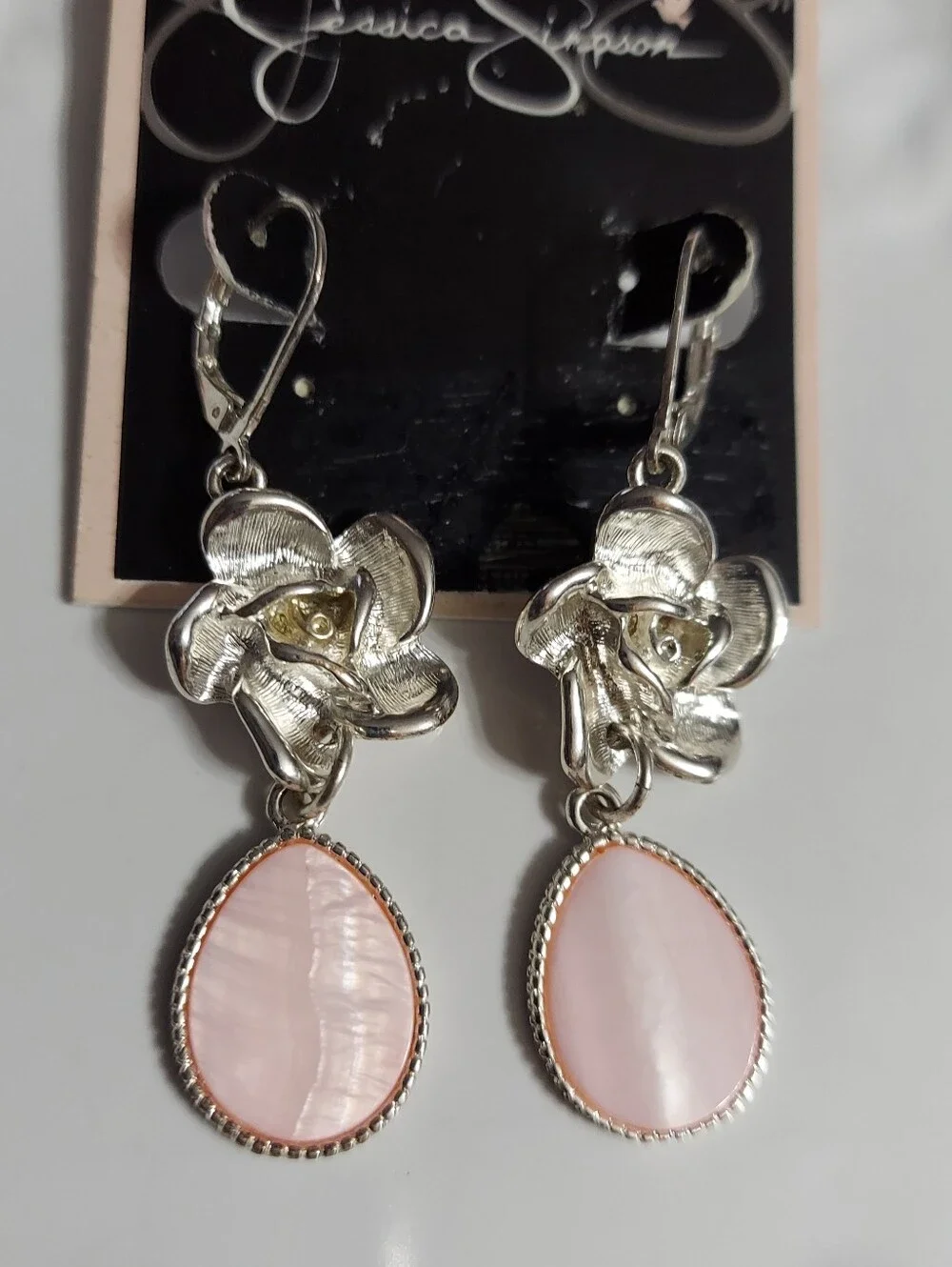 Jessica Simpson/Textured Silver Rose w/Oval Framed Faux Pink Shell Drop Earrings